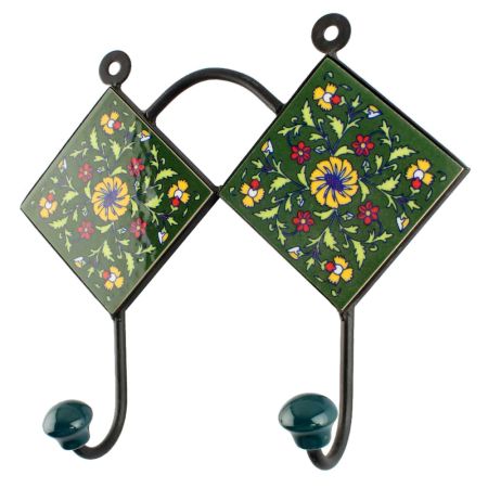 Ceramic Flower Tile Hook in Forest Green